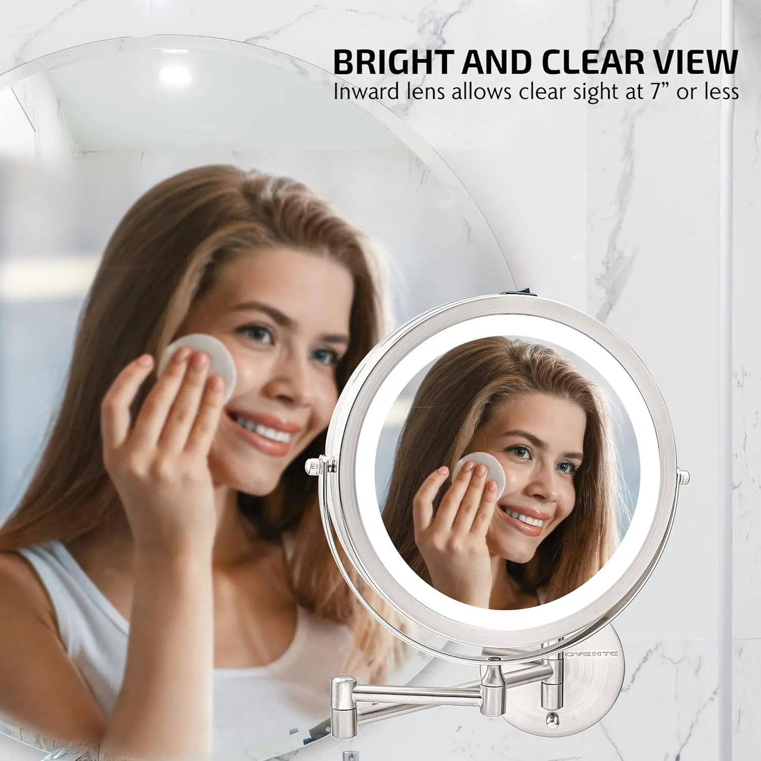 OVENTE 9" Lighted Wall Mount Makeup Mirror with 1X/7X Magnification, Cordless Double Sided Magnifying Round Vanity Mirror, 360° Swivel Design, Extendable and Folding Arm, Nickel Brushed MFW85BR1X7X