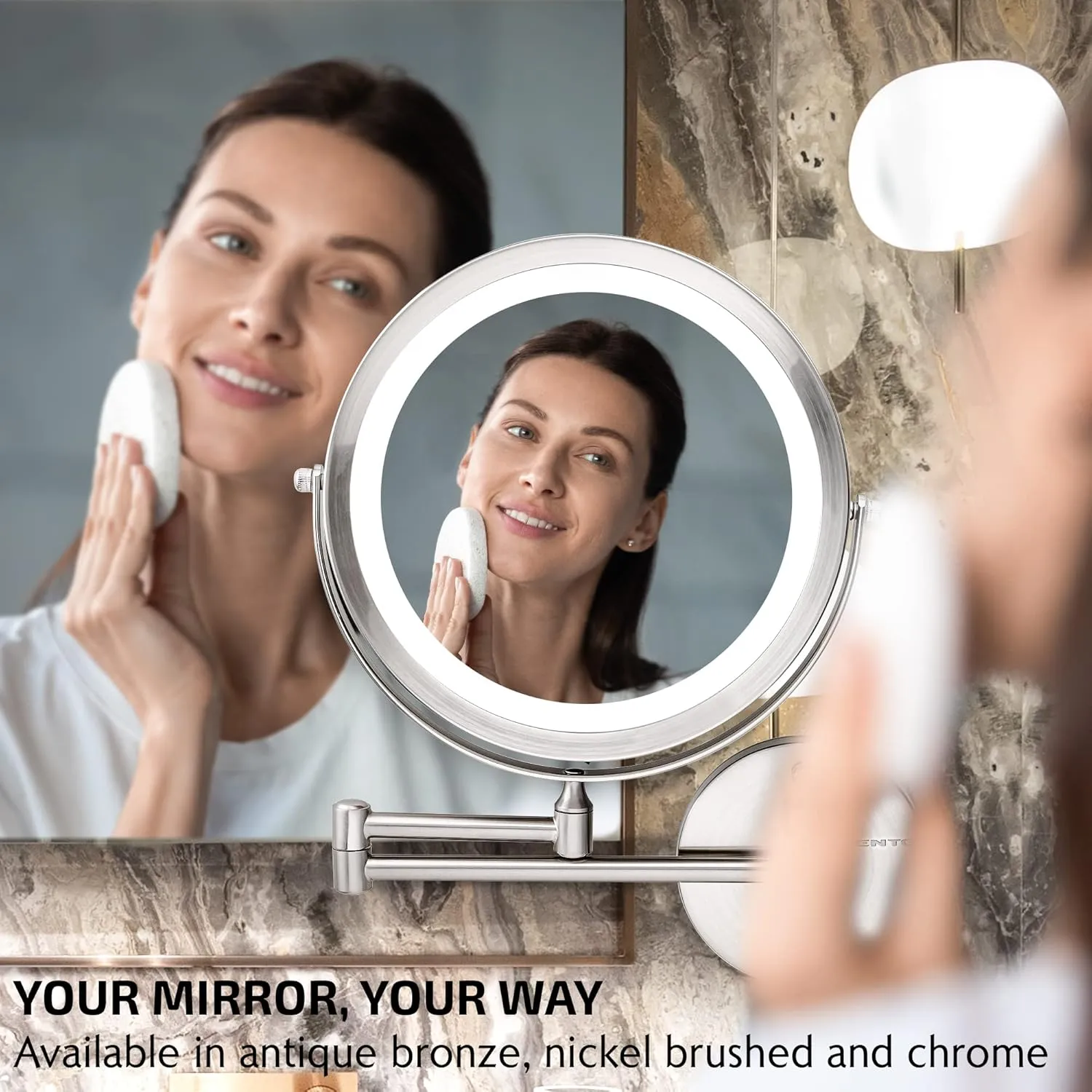 OVENTE 9" Lighted Wall Mount Makeup Mirror with 1X/7X Magnification, Cordless Double Sided Magnifying Round Vanity Mirror, 360° Swivel Design, Extendable and Folding Arm, Nickel Brushed MFW85BR1X7X