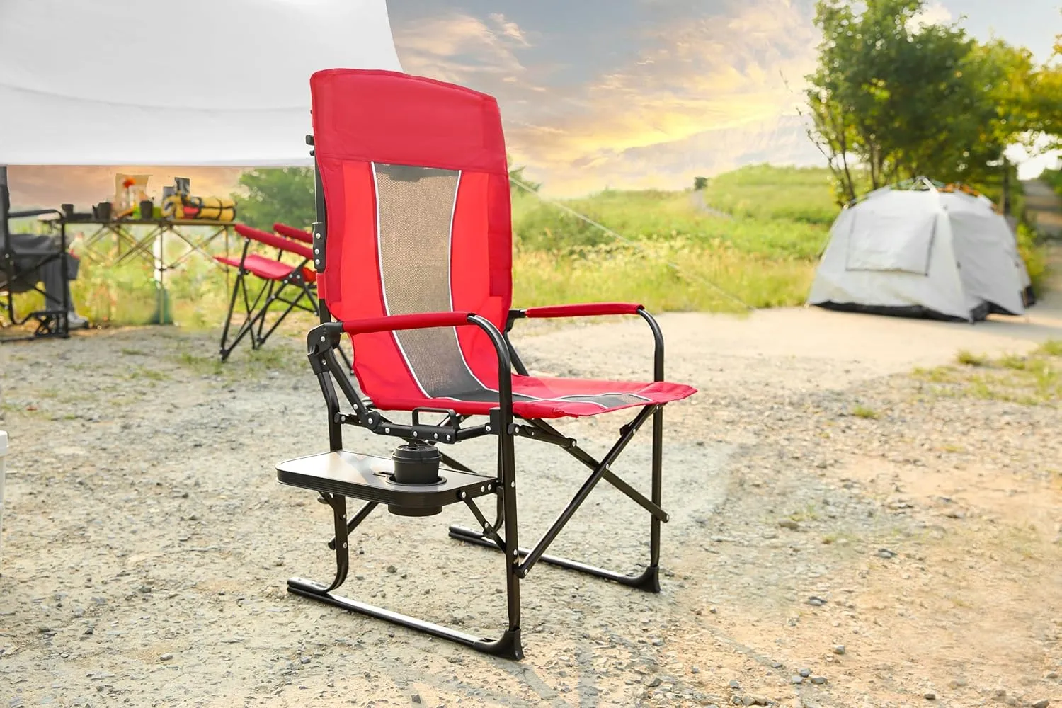 Oversized Portable Folding Chair 250 Lb with Side Table, Camping Guide Chair, Heavy Duty, Pocket Style for Beach, Fishing, Travel, Picnic, Lawn Gray red