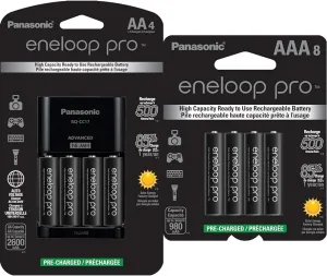 Panasonic Eneloop Pro K-KJ17KHCA4A Battery Charger AA NiMH X 4 (SPKKKJ17KHCA4A) & Panasonic BK-4HCCA8BA pro AAA High Capacity Ni-MH Pre-Charged Rechargeable Batteries, 8-Battery Pack