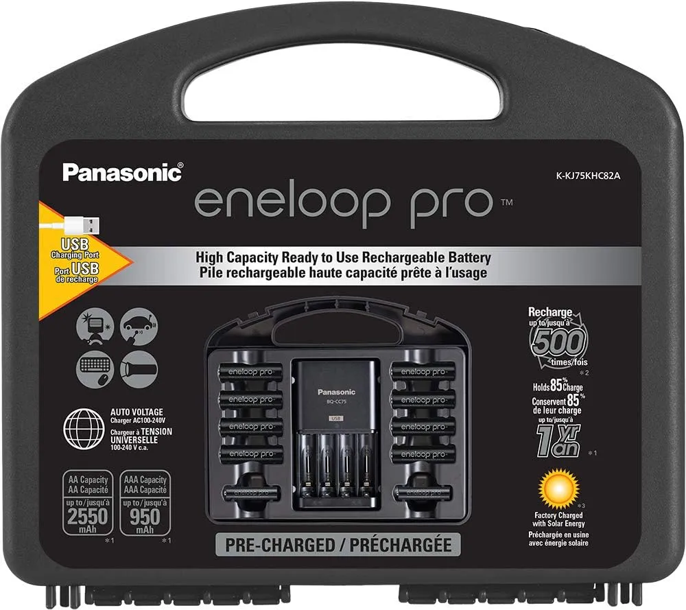 Panasonic K-KJ75KHC82A eneloop pro High Capacity Rechargeable Batteries Power Pack 8AA, 2AAA, Advanced Battery Charger with USB Charging Port and Plastic Storage Case