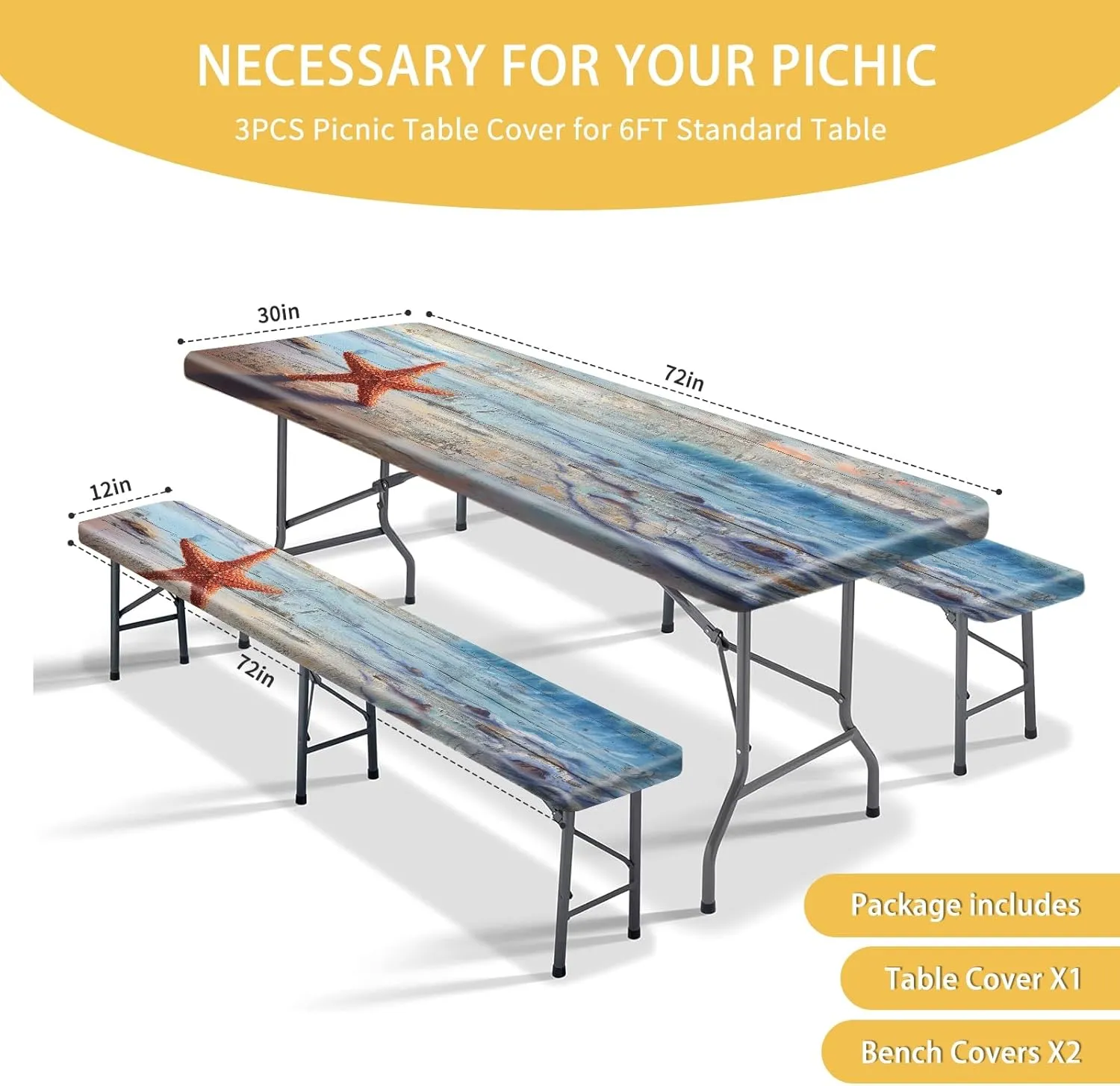 Park Picnic Table Cover with Bench Covers Lightweight Camping Essentials, Oil-Proof Waterproof 3PCS Tablecloth with Elastic, Fitted for Table 6FT Rectangle and Seats, Board Beach (72x30in)