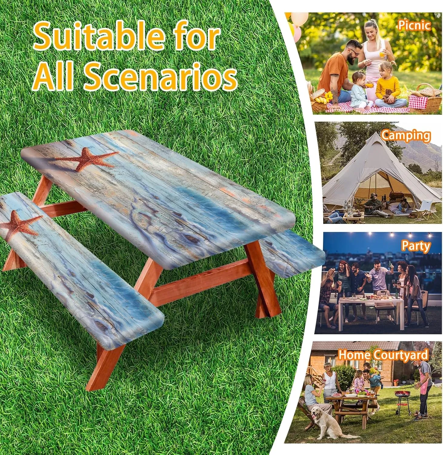 Park Picnic Table Cover with Bench Covers Lightweight Camping Essentials, Oil-Proof Waterproof 3PCS Tablecloth with Elastic, Fitted for Table 6FT Rectangle and Seats, Board Beach (72x30in)