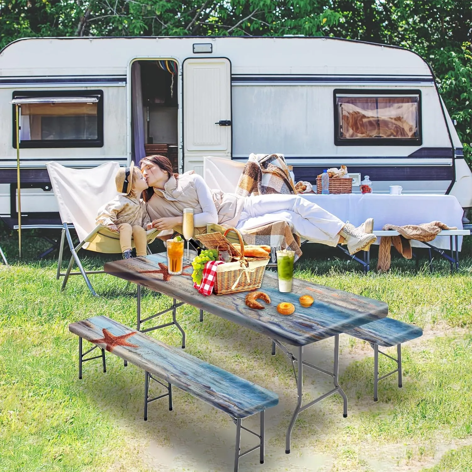 Park Picnic Table Cover with Bench Covers Lightweight Camping Essentials, Oil-Proof Waterproof 3PCS Tablecloth with Elastic, Fitted for Table 6FT Rectangle and Seats, Board Beach (72x30in)