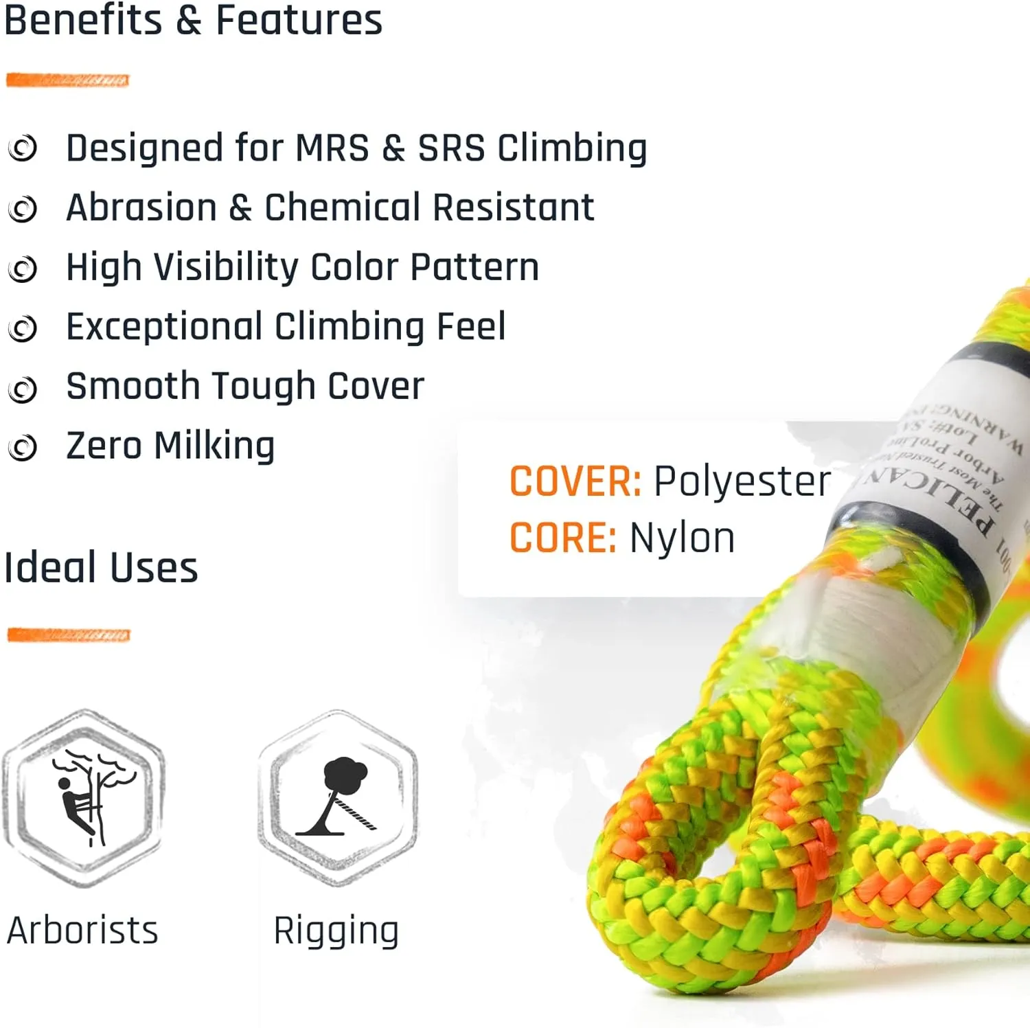 Pelican Rope Arborist Rope 11.8mm x 150Ft High-Strength 24-Strands Static Climbing Rope | 5,400 lb Strength for Tree Climbing, Pulling, Outdoors & Swing | Made in USA - Red, Tight Spliced Eye
