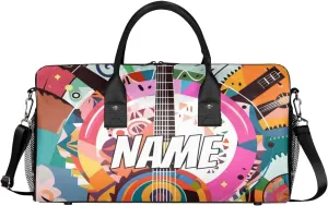 Personalized Abstract Guitar Travel Duffel Bag with Name, Custom Gym Sport Bag Colorful Art Carry On Weekend Overnight Duffel Bag for Men Women