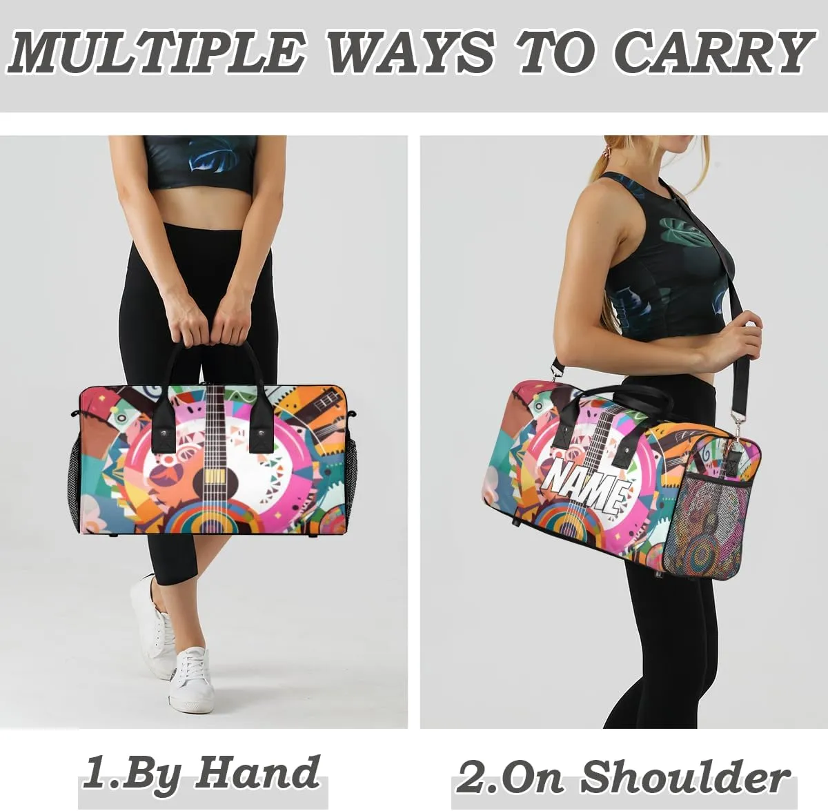Personalized Abstract Guitar Travel Duffel Bag with Name, Custom Gym Sport Bag Colorful Art Carry On Weekend Overnight Duffel Bag for Men Women