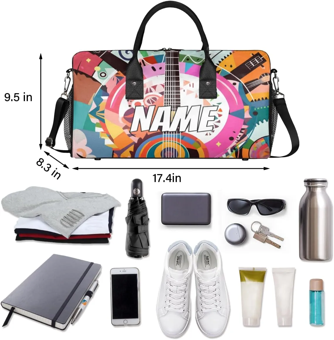 Personalized Abstract Guitar Travel Duffel Bag with Name, Custom Gym Sport Bag Colorful Art Carry On Weekend Overnight Duffel Bag for Men Women