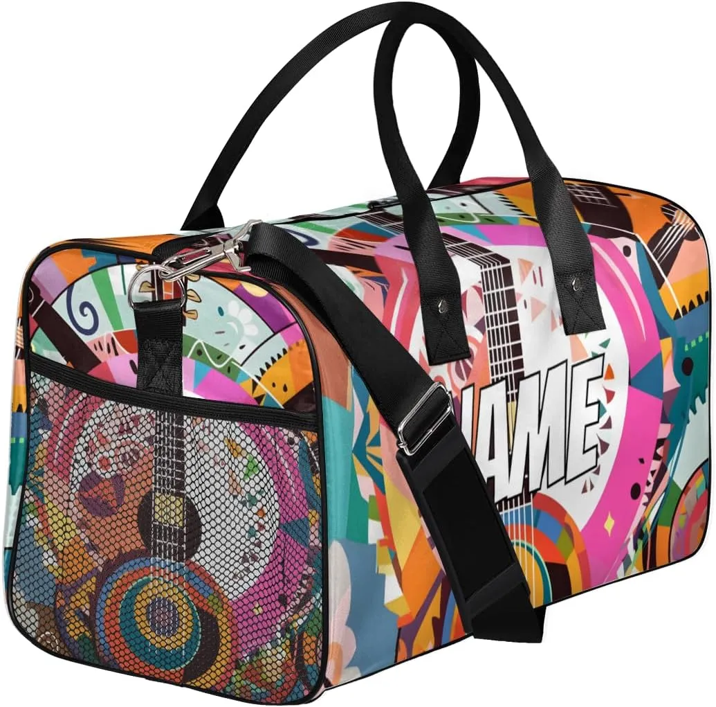 Personalized Abstract Guitar Travel Duffel Bag with Name, Custom Gym Sport Bag Colorful Art Carry On Weekend Overnight Duffel Bag for Men Women