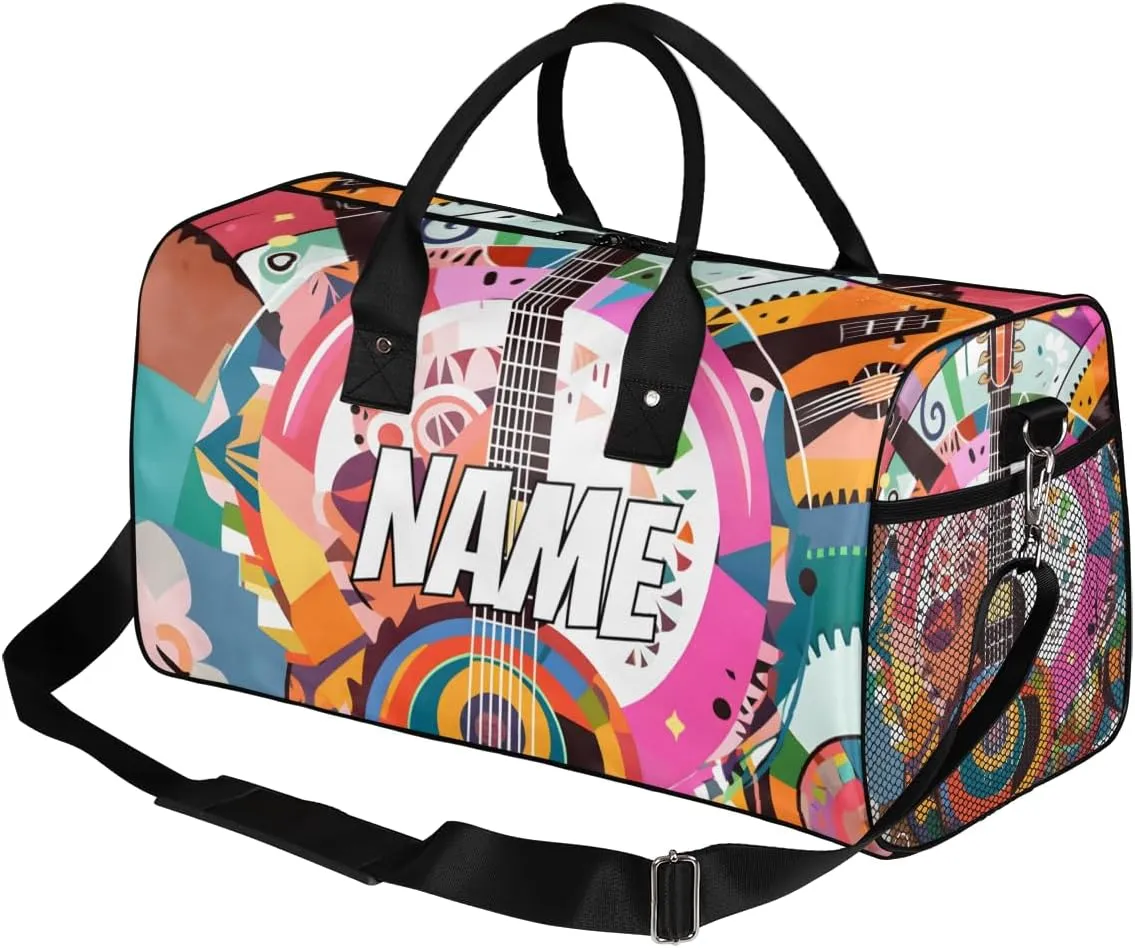 Personalized Abstract Guitar Travel Duffel Bag with Name, Custom Gym Sport Bag Colorful Art Carry On Weekend Overnight Duffel Bag for Men Women