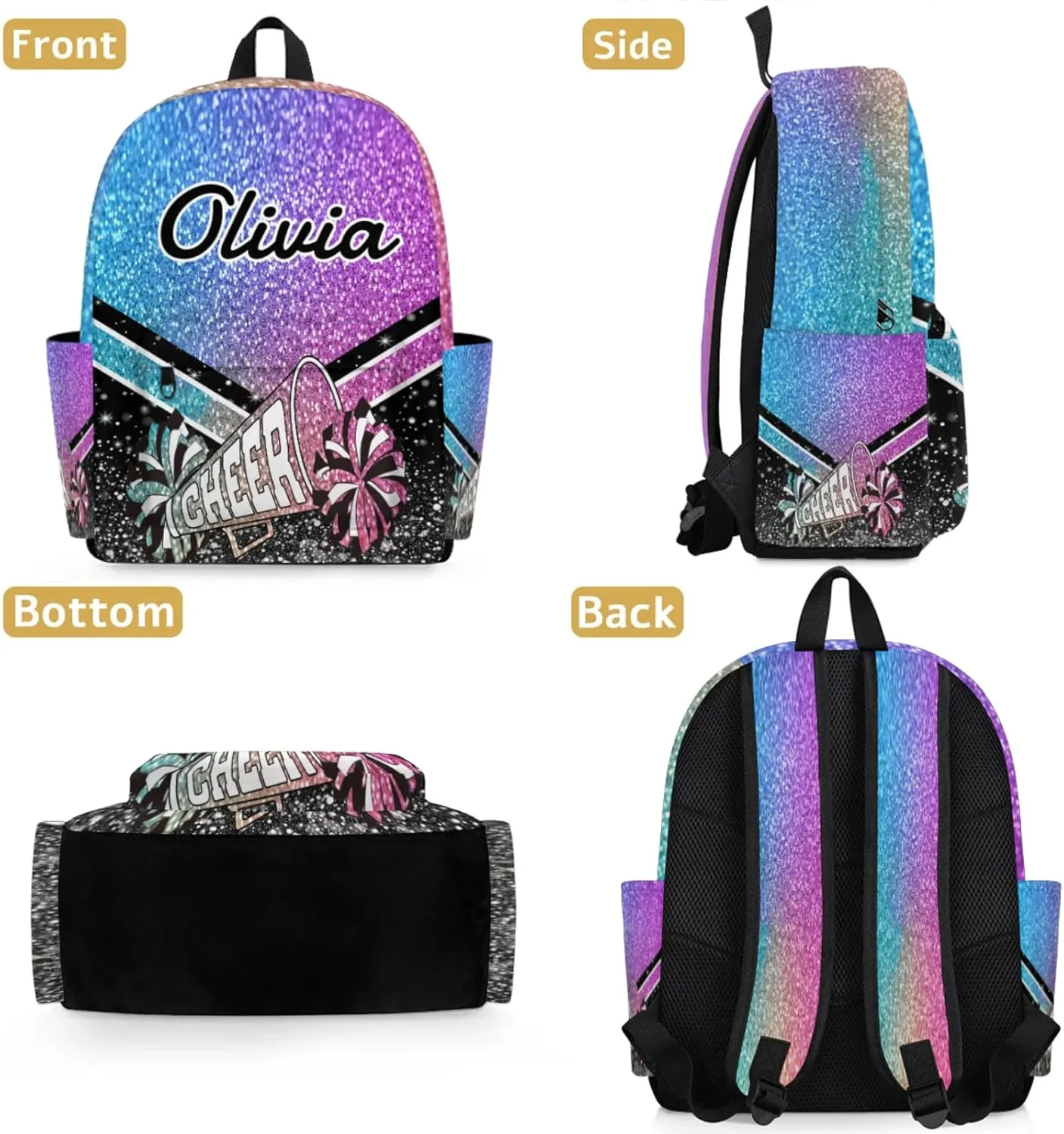 Personalized Cheer Backpacks for Cheerleaders, Custom Name Large Capacity Casual Daypack, Colorful 15 Inch Shoulder Bag