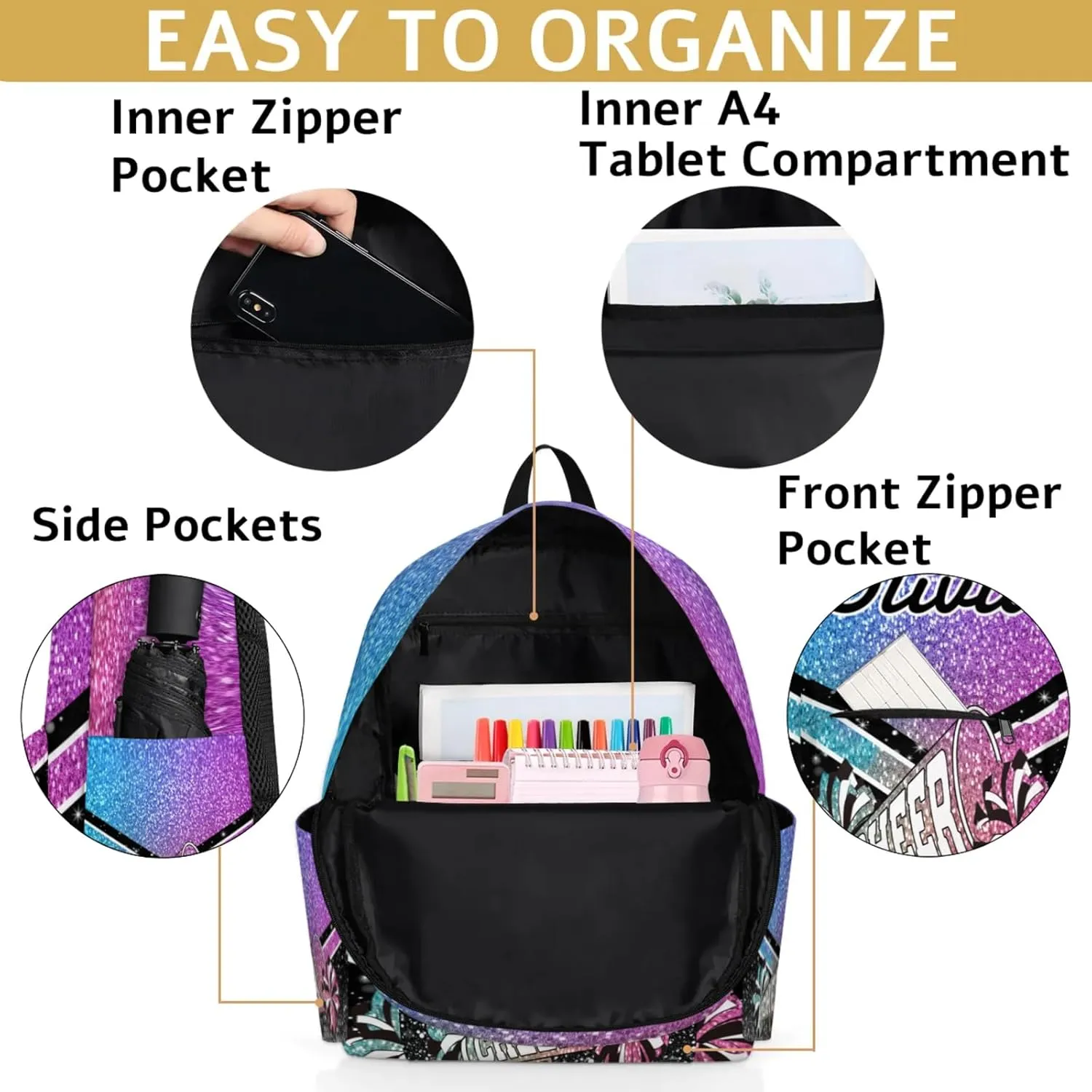 Personalized Cheer Backpacks for Cheerleaders, Custom Name Large Capacity Casual Daypack, Colorful 15 Inch Shoulder Bag