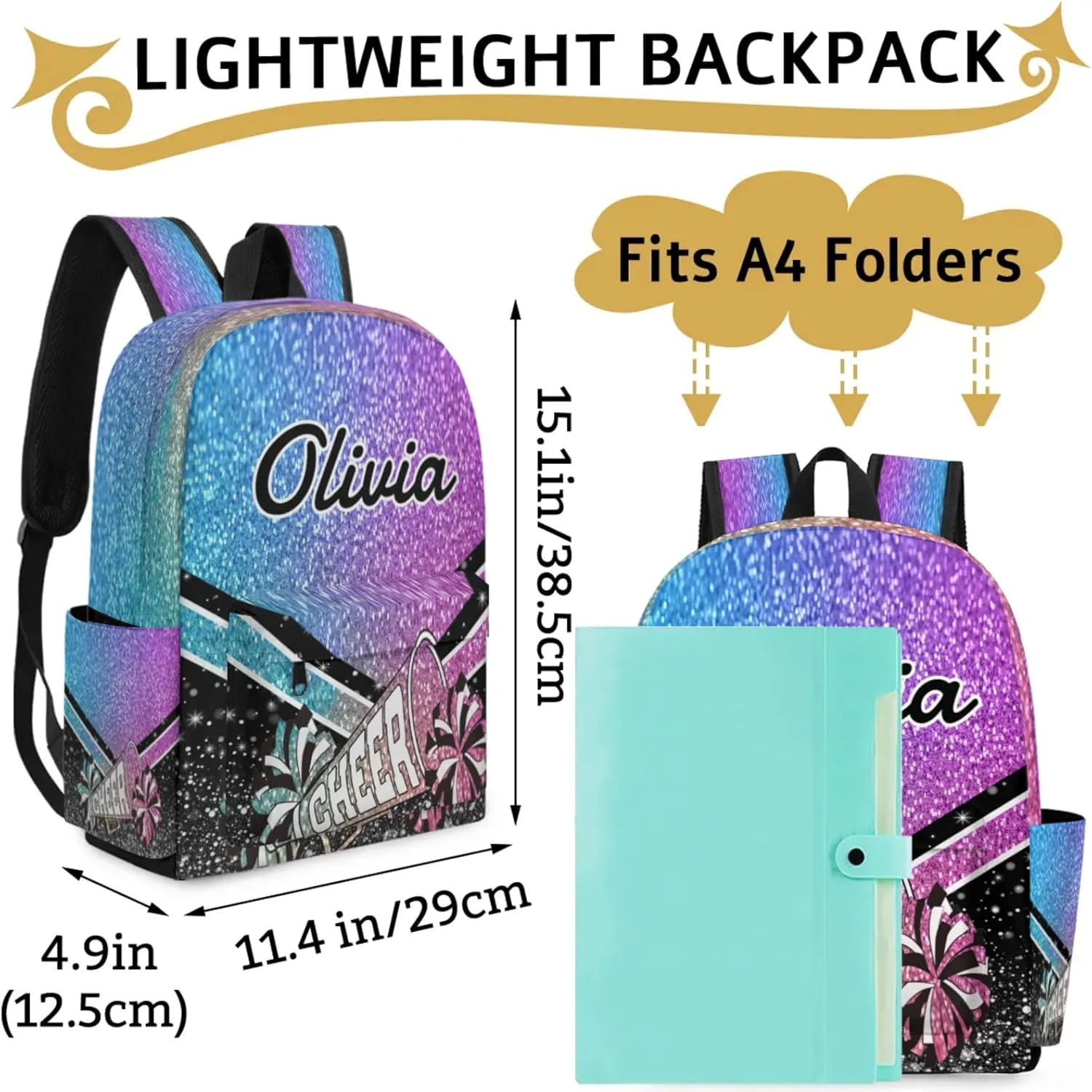 Personalized Cheer Backpacks for Cheerleaders, Custom Name Large Capacity Casual Daypack, Colorful 15 Inch Shoulder Bag