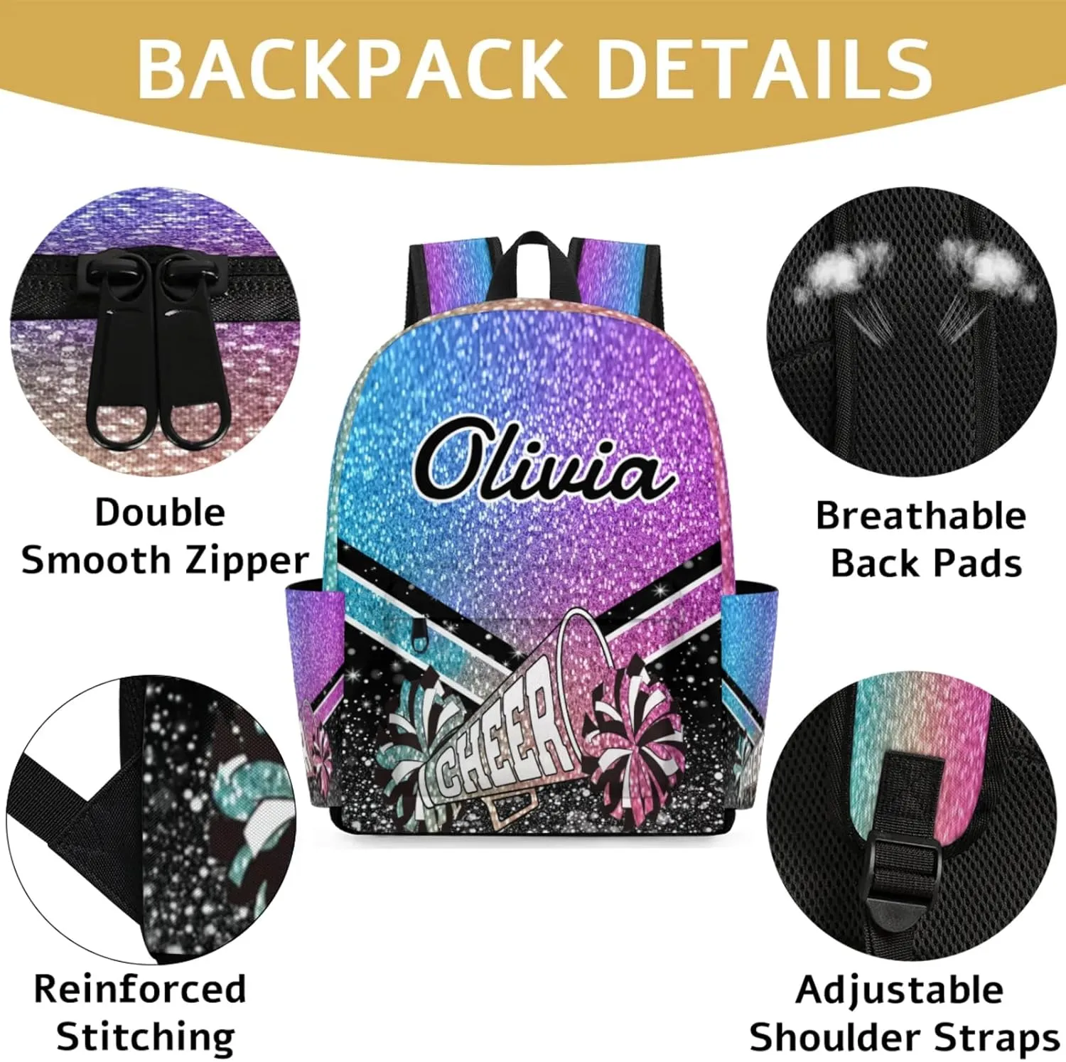 Personalized Cheer Backpacks for Cheerleaders, Custom Name Large Capacity Casual Daypack, Colorful 15 Inch Shoulder Bag