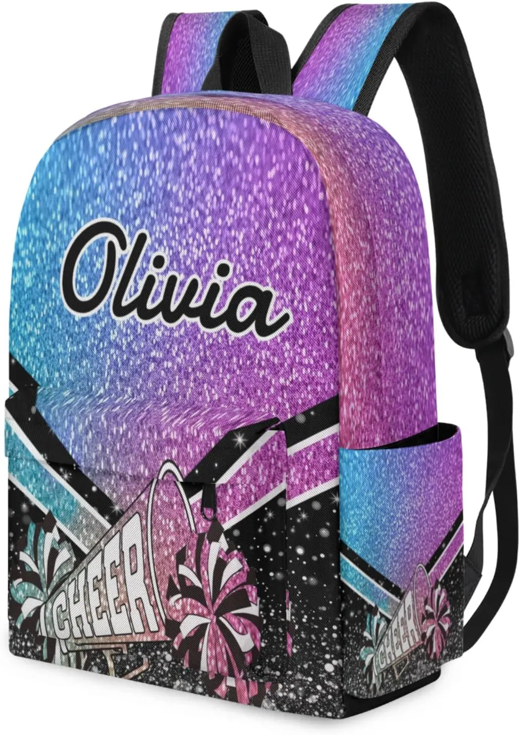 Personalized Cheer Backpacks for Cheerleaders, Custom Name Large Capacity Casual Daypack, Colorful 15 Inch Shoulder Bag