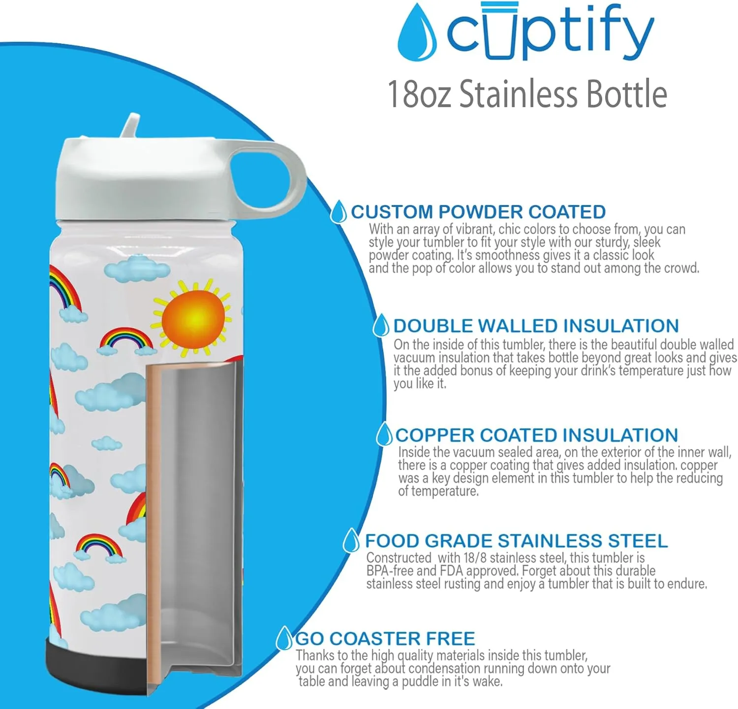Personalized Children Water Bottle with Lid and Protective Silicone Boot Custom Clouds and Rainbows 18 oz Modern Insulated Stainless Steel for Boys and Girls