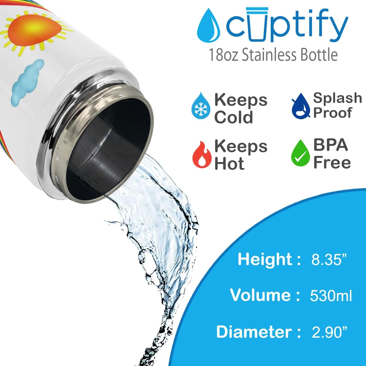 Personalized Children Water Bottle with Lid and Protective Silicone Boot Custom Clouds and Rainbows 18 oz Modern Insulated Stainless Steel for Boys and Girls