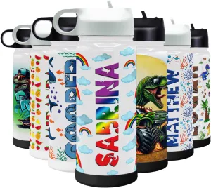 Personalized Children Water Bottle with Lid and Protective Silicone Boot Custom Clouds and Rainbows 18 oz Modern Insulated Stainless Steel for Boys and Girls