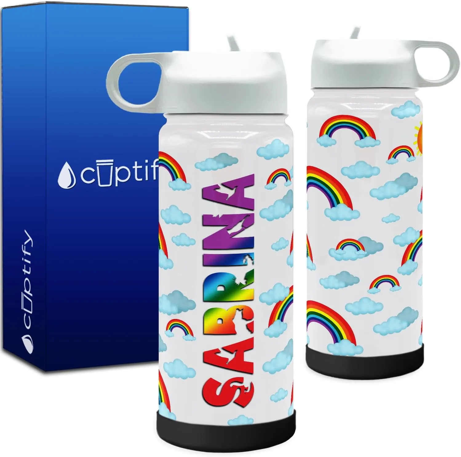 Personalized Children Water Bottle with Lid and Protective Silicone Boot Custom Clouds and Rainbows 18 oz Modern Insulated Stainless Steel for Boys and Girls