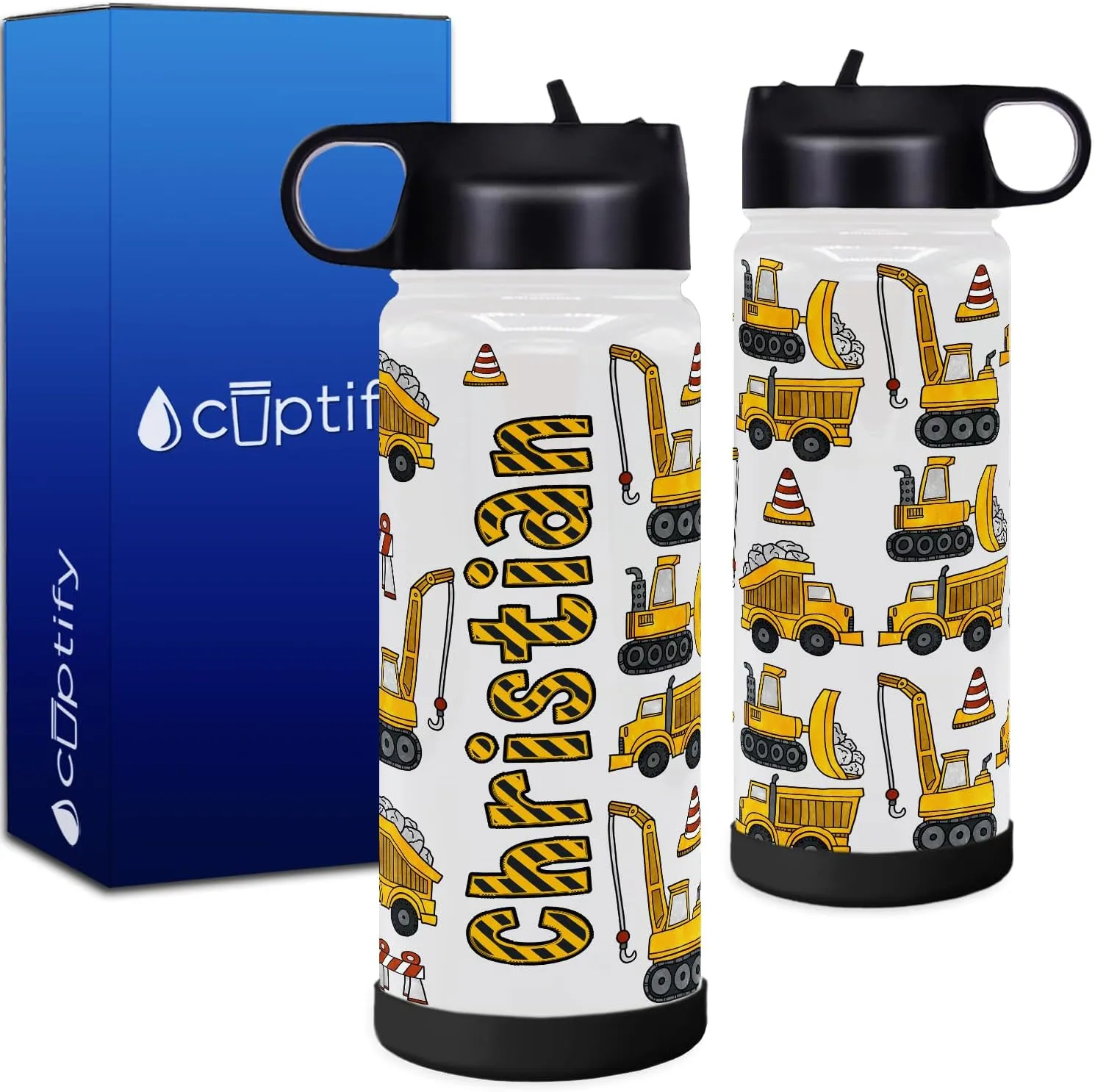 Personalized Children Water Bottle with Lid and Protective Silicone Boot Custom Construction Trucks 18 oz Modern Insulated Stainless Steel for Boys