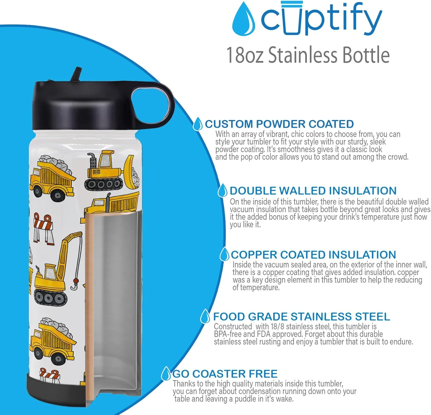 Personalized Children Water Bottle with Lid and Protective Silicone Boot Custom Construction Trucks 18 oz Modern Insulated Stainless Steel for Boys