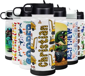 Personalized Children Water Bottle with Lid and Protective Silicone Boot Custom Construction Trucks 18 oz Modern Insulated Stainless Steel for Boys
