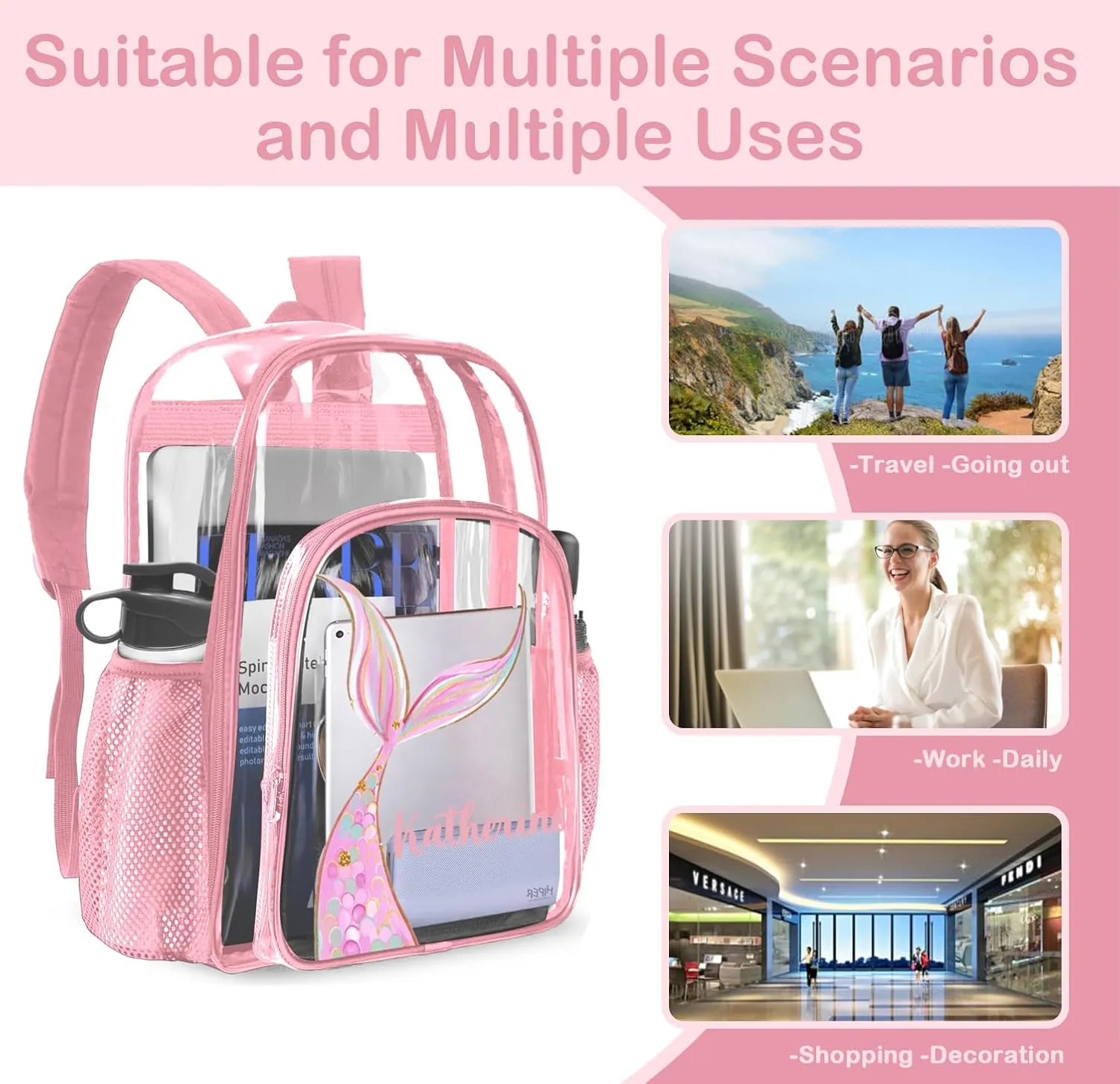 Personalized Clear Backpacks with Name, Custom Mermaid Clear Backpack for Gifts, with Reinforced Strap & Large Capacity PVC Transparent Waterproof Backpacks for Travel Camping Work