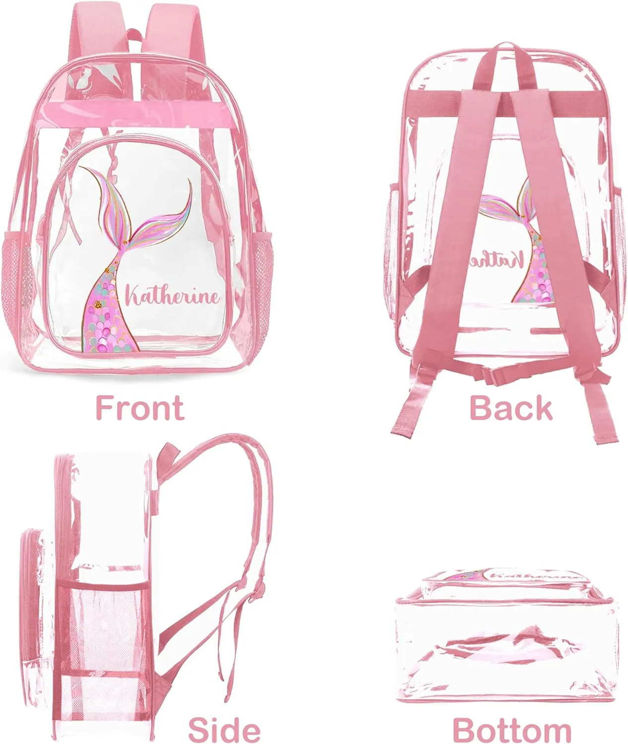 Personalized Clear Backpacks with Name, Custom Mermaid Clear Backpack for Gifts, with Reinforced Strap & Large Capacity PVC Transparent Waterproof Backpacks for Travel Camping Work