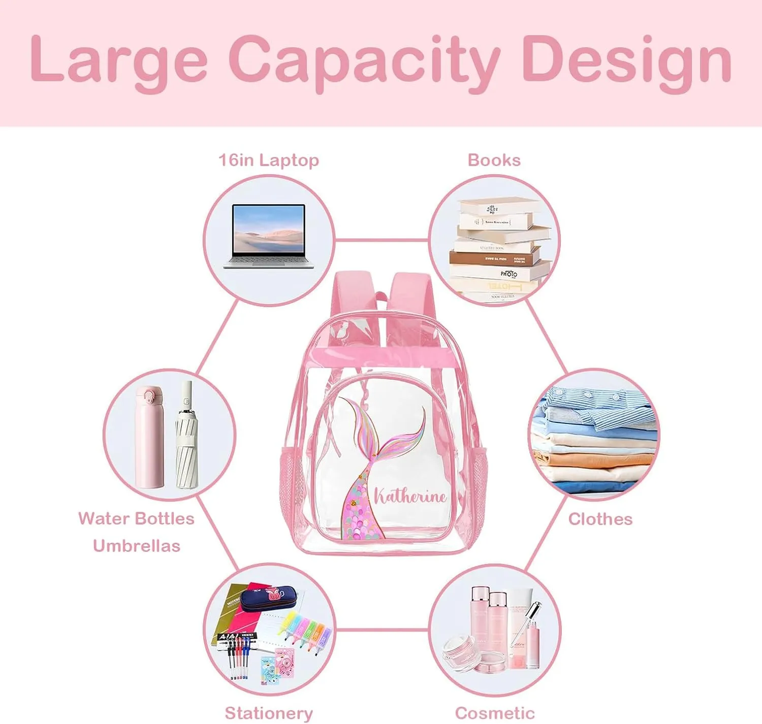 Personalized Clear Backpacks with Name, Custom Mermaid Clear Backpack for Gifts, with Reinforced Strap & Large Capacity PVC Transparent Waterproof Backpacks for Travel Camping Work