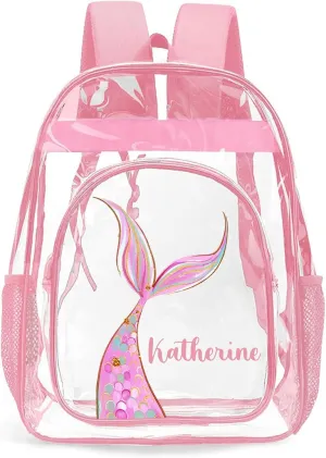 Personalized Clear Backpacks with Name, Custom Mermaid Clear Backpack for Gifts, with Reinforced Strap & Large Capacity PVC Transparent Waterproof Backpacks for Travel Camping Work
