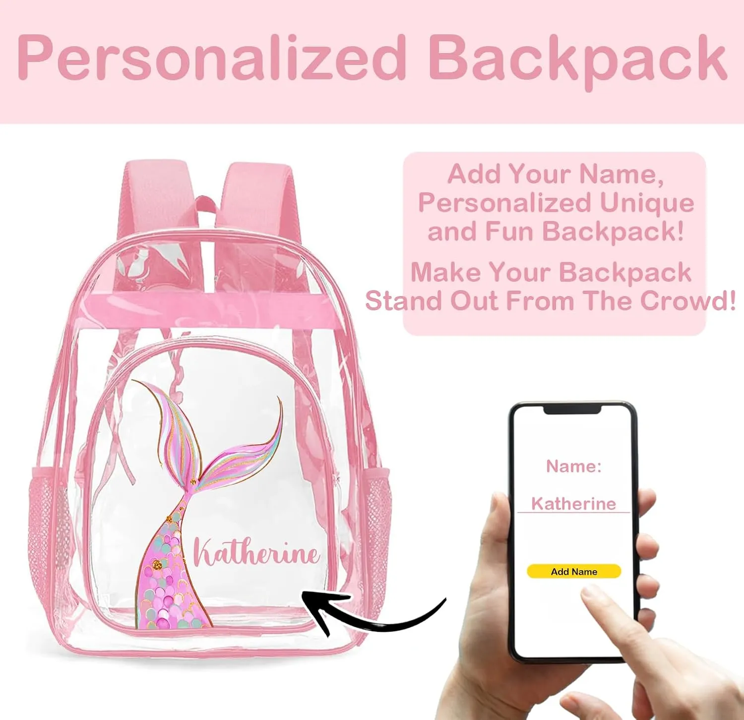 Personalized Clear Backpacks with Name, Custom Mermaid Clear Backpack for Gifts, with Reinforced Strap & Large Capacity PVC Transparent Waterproof Backpacks for Travel Camping Work