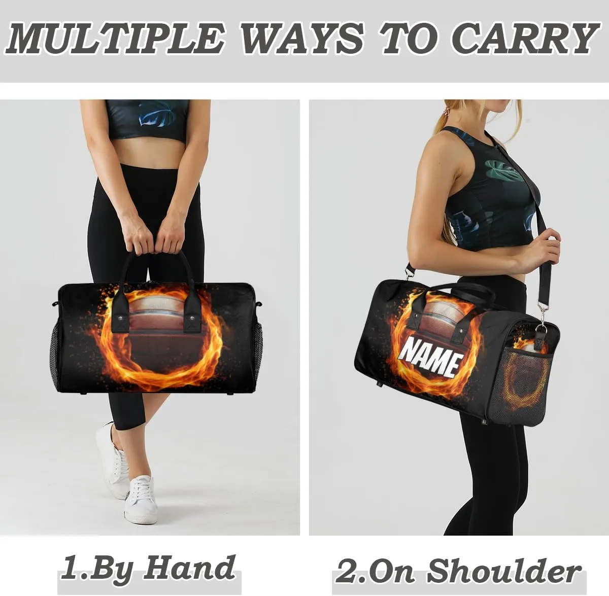 Personalized Flame Basketball Travel Duffel Bag with Name, Custom Gym Sport Bag Sports Theme Carry On Weekend Overnight Duffel Bag for Men Women