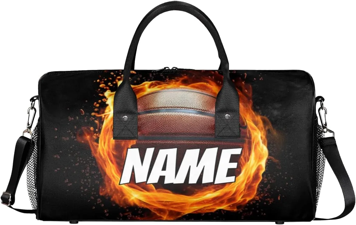 Personalized Flame Basketball Travel Duffel Bag with Name, Custom Gym Sport Bag Sports Theme Carry On Weekend Overnight Duffel Bag for Men Women