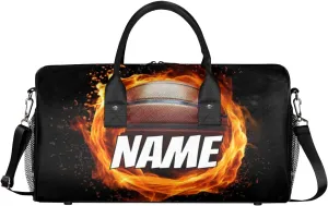Personalized Flame Basketball Travel Duffel Bag with Name, Custom Gym Sport Bag Sports Theme Carry On Weekend Overnight Duffel Bag for Men Women