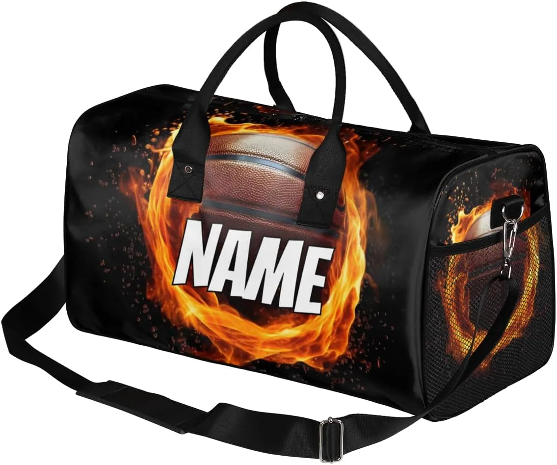 Personalized Flame Basketball Travel Duffel Bag with Name, Custom Gym Sport Bag Sports Theme Carry On Weekend Overnight Duffel Bag for Men Women