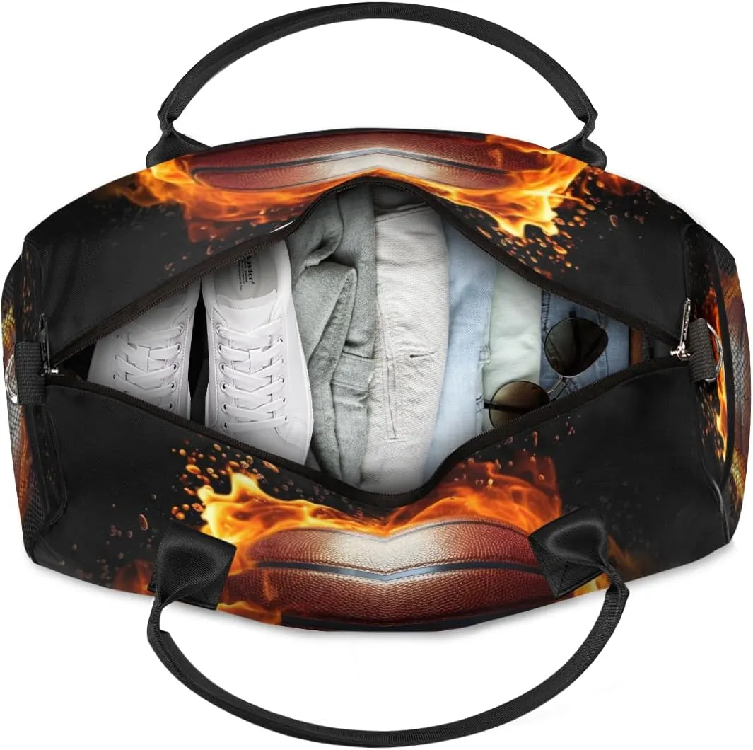 Personalized Flame Basketball Travel Duffel Bag with Name, Custom Gym Sport Bag Sports Theme Carry On Weekend Overnight Duffel Bag for Men Women