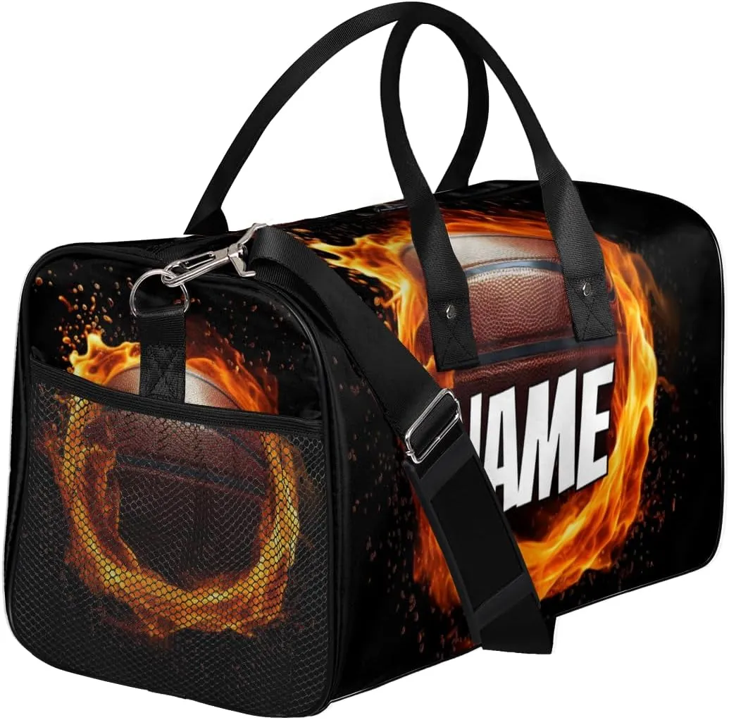 Personalized Flame Basketball Travel Duffel Bag with Name, Custom Gym Sport Bag Sports Theme Carry On Weekend Overnight Duffel Bag for Men Women