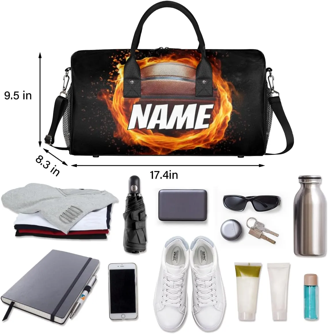 Personalized Flame Basketball Travel Duffel Bag with Name, Custom Gym Sport Bag Sports Theme Carry On Weekend Overnight Duffel Bag for Men Women