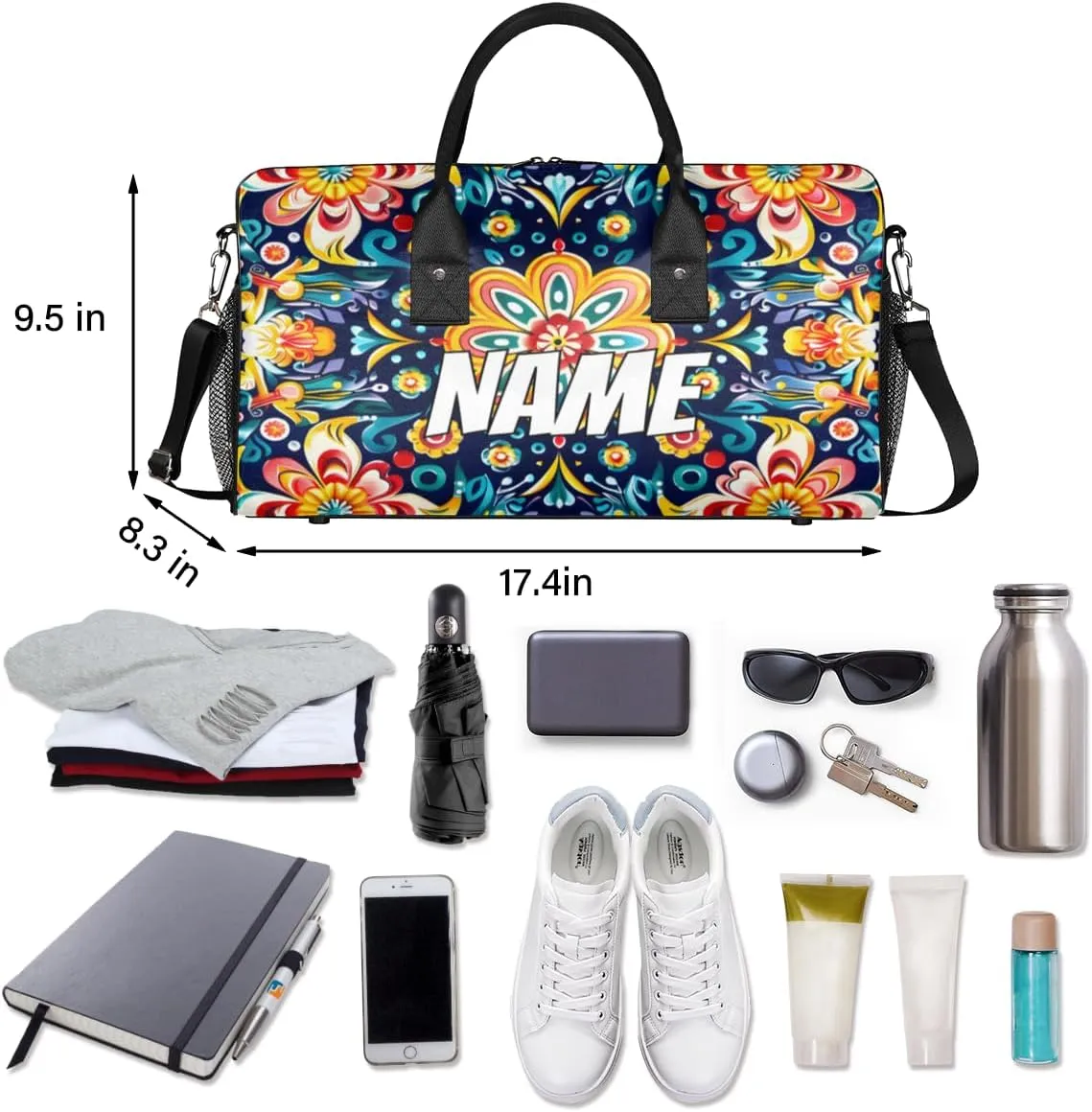 Personalized Mexican Floral Travel Duffel Bag with Name, Custom Gym Sport Bag Colorful Flower Carry On Weekend Overnight Duffel Bag for Men Women