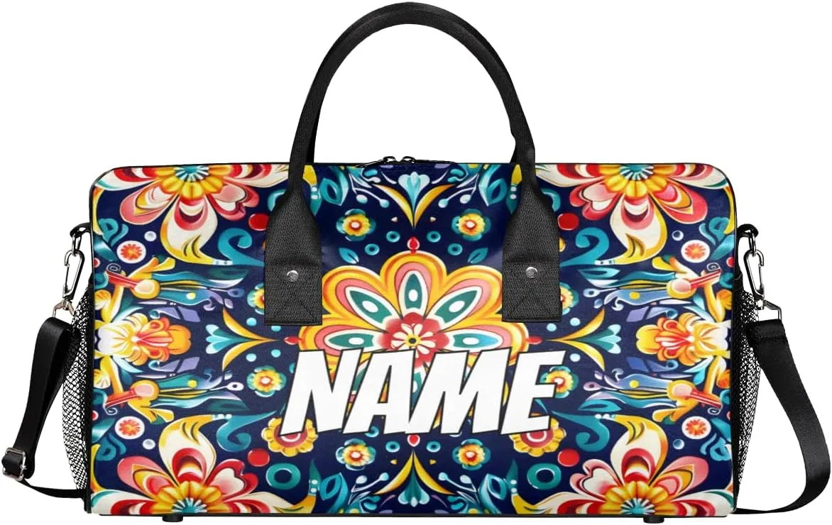 Personalized Mexican Floral Travel Duffel Bag with Name, Custom Gym Sport Bag Colorful Flower Carry On Weekend Overnight Duffel Bag for Men Women