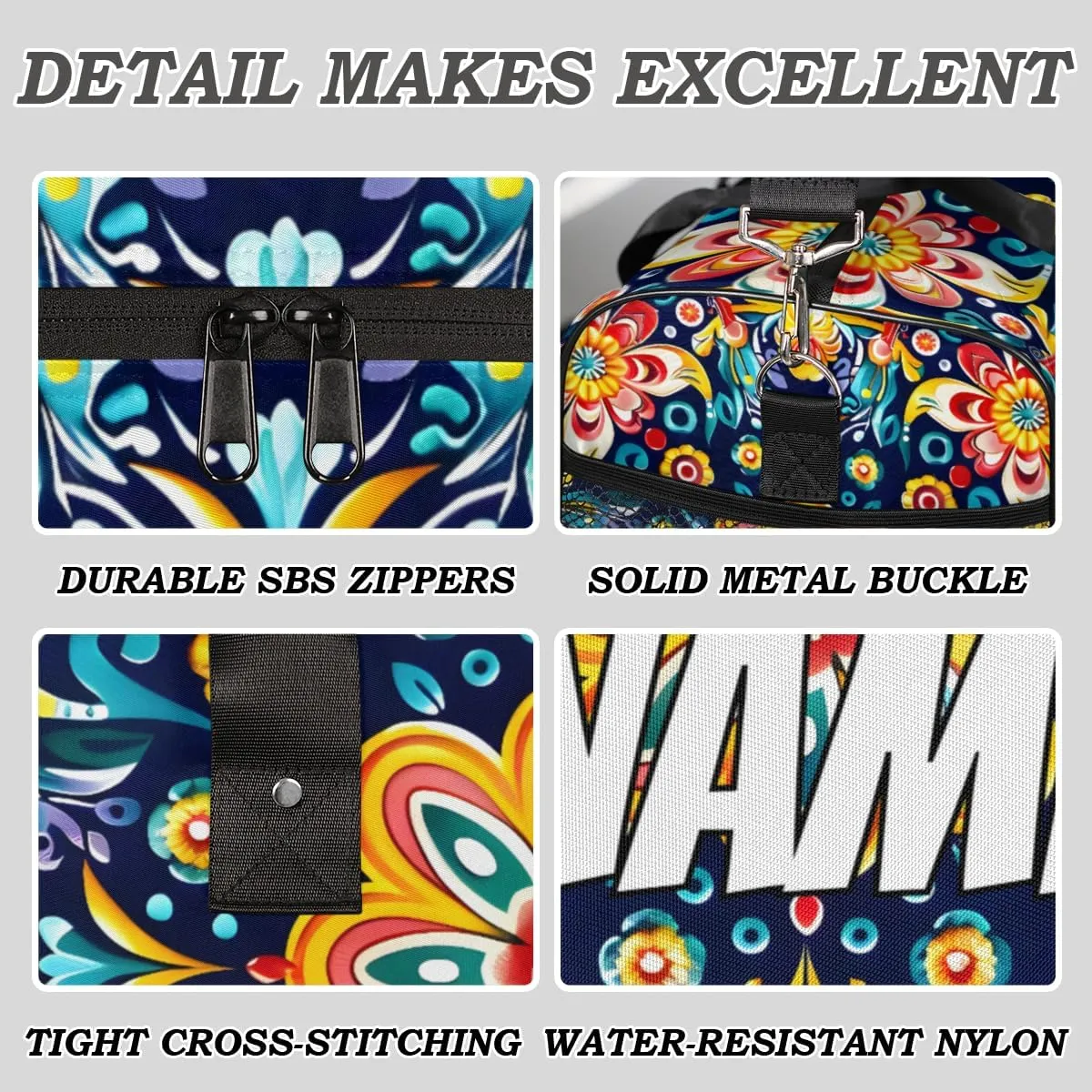Personalized Mexican Floral Travel Duffel Bag with Name, Custom Gym Sport Bag Colorful Flower Carry On Weekend Overnight Duffel Bag for Men Women