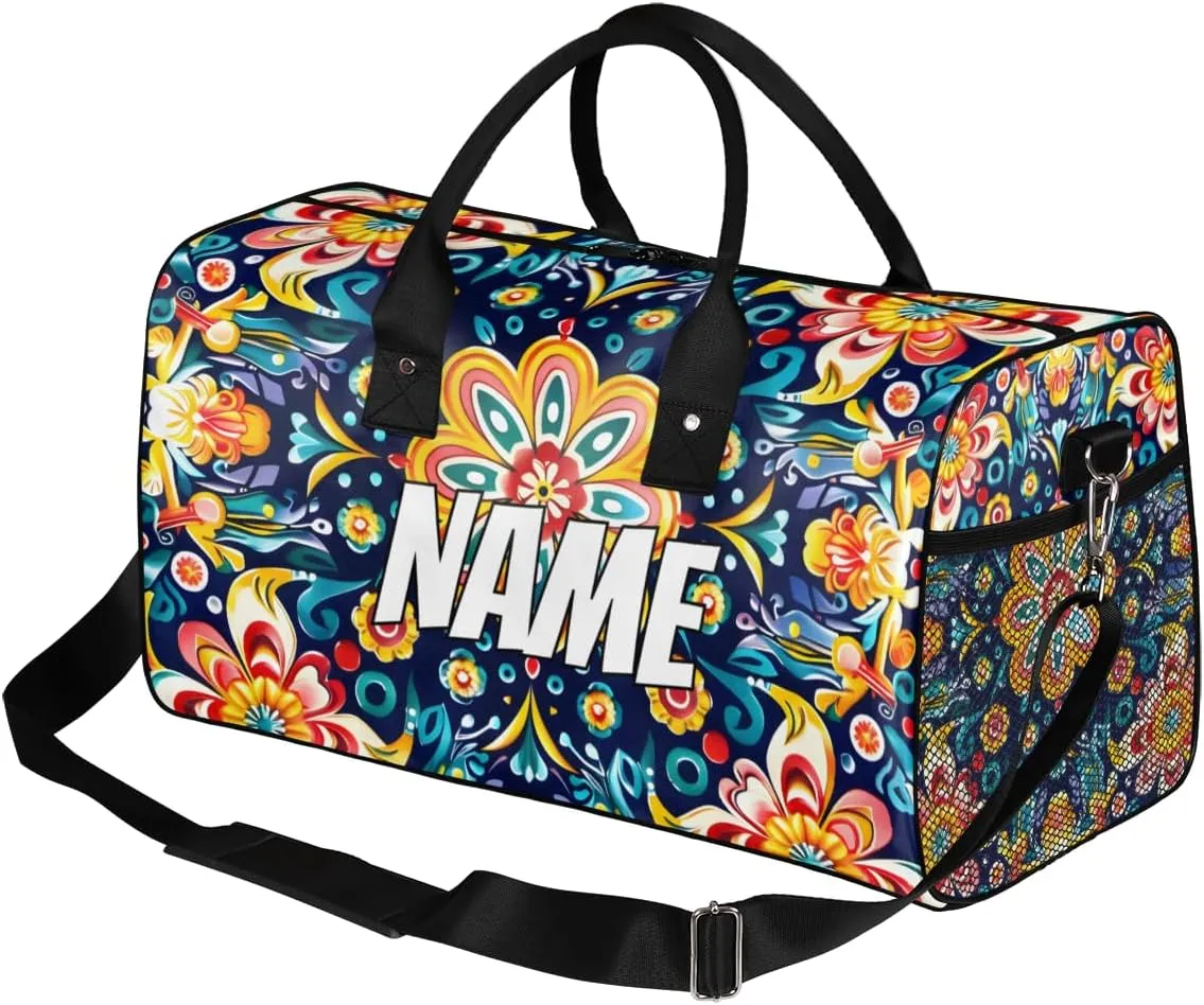 Personalized Mexican Floral Travel Duffel Bag with Name, Custom Gym Sport Bag Colorful Flower Carry On Weekend Overnight Duffel Bag for Men Women