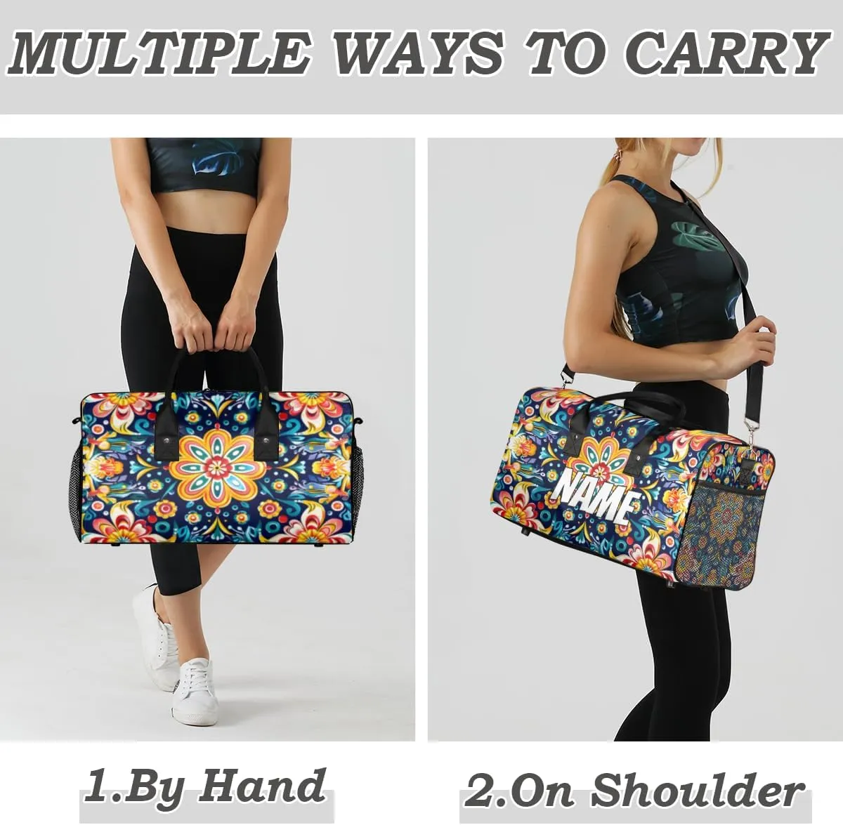 Personalized Mexican Floral Travel Duffel Bag with Name, Custom Gym Sport Bag Colorful Flower Carry On Weekend Overnight Duffel Bag for Men Women