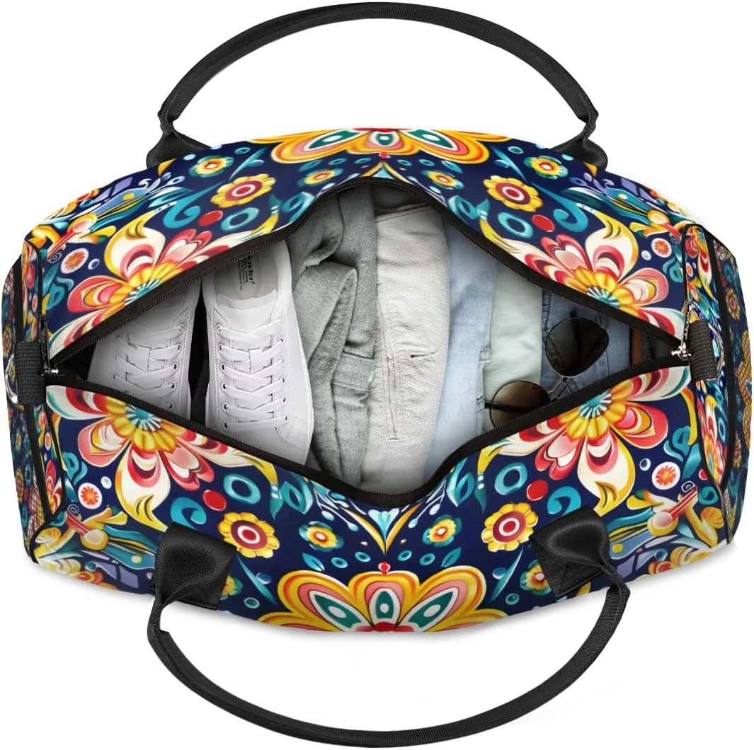 Personalized Mexican Floral Travel Duffel Bag with Name, Custom Gym Sport Bag Colorful Flower Carry On Weekend Overnight Duffel Bag for Men Women