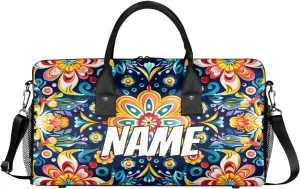 Personalized Mexican Floral Travel Duffel Bag with Name, Custom Gym Sport Bag Colorful Flower Carry On Weekend Overnight Duffel Bag for Men Women