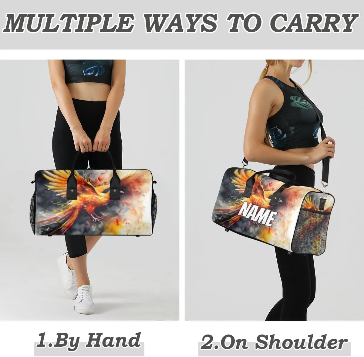Personalized Phoenix Bird Travel Duffel Bag with Name, Custom Gym Sport Bag Chinese Style Carry On Weekend Overnight Duffel Bag for Men Women