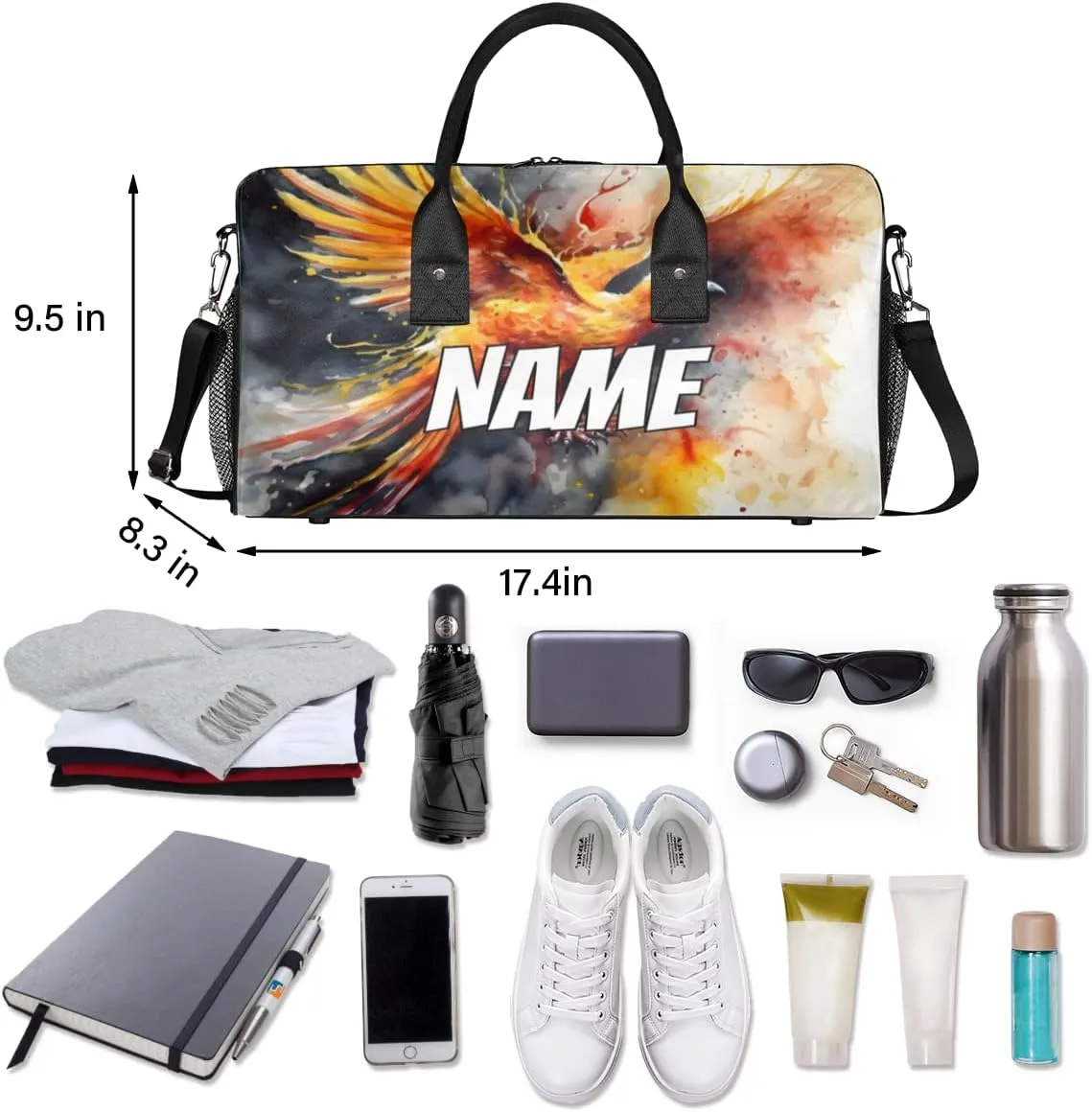 Personalized Phoenix Bird Travel Duffel Bag with Name, Custom Gym Sport Bag Chinese Style Carry On Weekend Overnight Duffel Bag for Men Women
