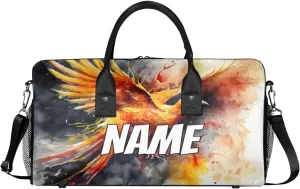Personalized Phoenix Bird Travel Duffel Bag with Name, Custom Gym Sport Bag Chinese Style Carry On Weekend Overnight Duffel Bag for Men Women
