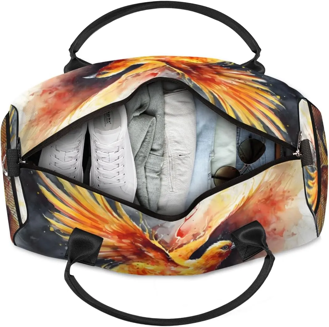 Personalized Phoenix Bird Travel Duffel Bag with Name, Custom Gym Sport Bag Chinese Style Carry On Weekend Overnight Duffel Bag for Men Women