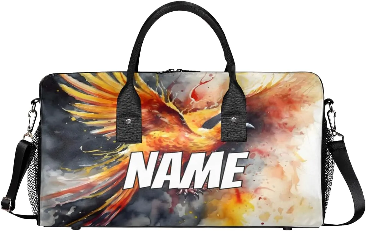 Personalized Phoenix Bird Travel Duffel Bag with Name, Custom Gym Sport Bag Chinese Style Carry On Weekend Overnight Duffel Bag for Men Women